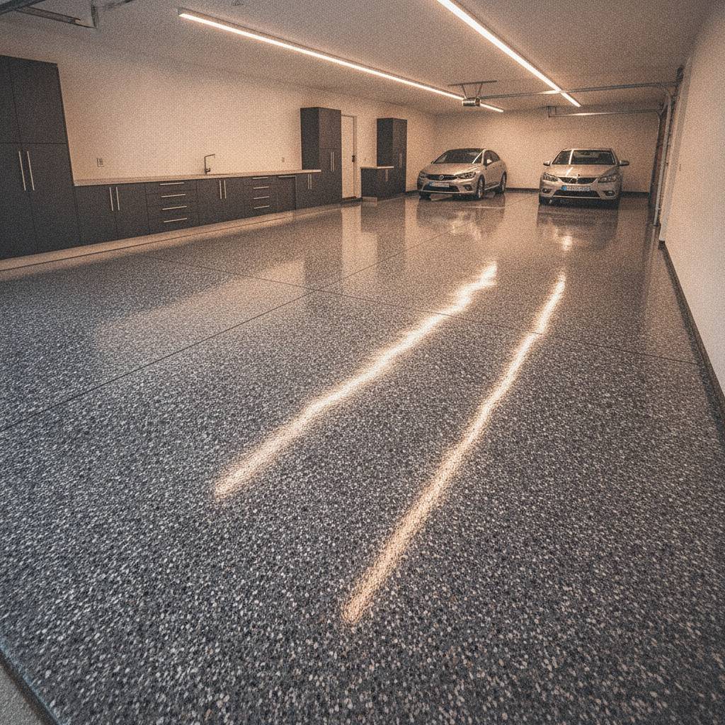 Glossy polyurea-coated garage floor with decorative flake finish